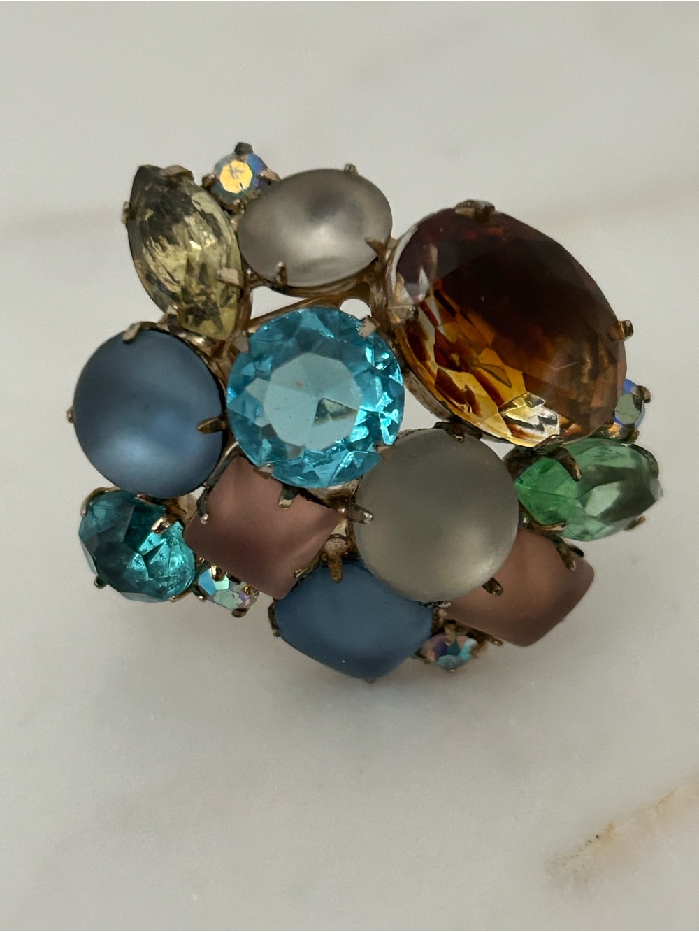 Multi-Coloured “Fruit Salad” design  Brooch with Blue, Amber & Green Stones